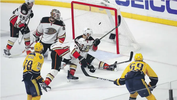  ?? — GETTY IMAGES ?? Roman Josi scored the game-winner against Ducks goalie John Gibson late in the third period in Game 3 of the Western Conference final in Nashville Tuesday.