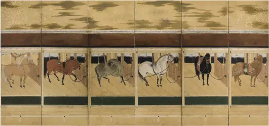  ??  ?? 1. Six-panel screen (one of a pair), Edo period, late 17th century, ink and colour on gold-sprinkled paper, 58 × 169cm. Sotheby’s London, £125,000