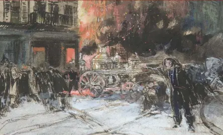  ??  ?? Everett Shinn (1876-1953), Fire on Mott Street, 1902. Pastel, watercolor and ink on paper, 75/8 x 13 in., signed and dated lower left. On view at Menconi + Schoelkopf.