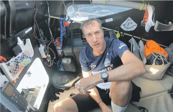  ?? Row4Ocean ?? An exhausted Patrick Bol on board the ‘Year of Zayed’ trimaran. The rower said the team succeeded in highlighti­ng plastic pollution in the oceans