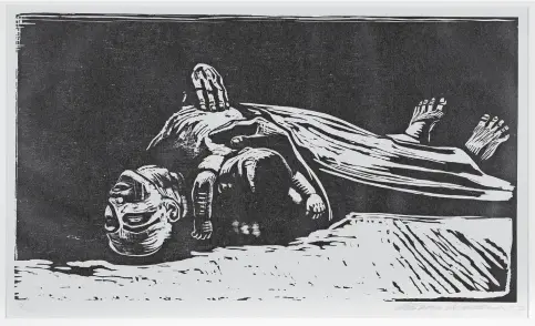  ?? THE WALTER LANDAUER COLLECTION OF KÄTHE KOLLWITZ, WILLIAM BENTON MUSEUM OF ART ?? Above, “Die Witwe II” (“The Widow II”), 1922, from the series “Krieg” (“War”), 1918-1922/23, woodcut. Right, “Gefallen” (“Killed in Action”), 1920, lithograph.