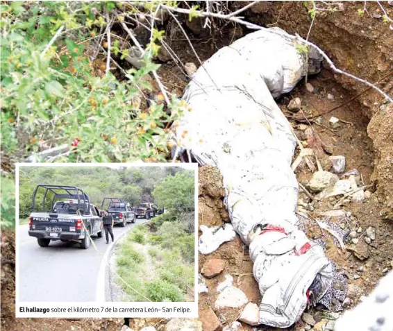  ??  ?? El hallazgo sobre el kilómetro 7 de la carretera León- San Felipe. El cuerpo fue encontrado al fondo de un barranco, de casi 8 metros de profundida­d.