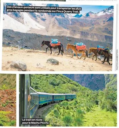  ??  ?? Des chevaux-porteurs sont utilisés pour transporte­r les plus gros bagages pendant la randonnée sur l’inca Quarry Trail. Le train en route pour le Machu Picchu