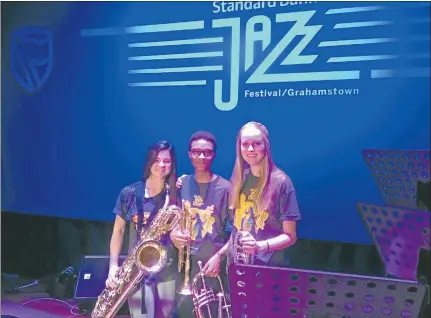  ?? Picture: SUPPLIED ?? PATH TO GLORY: Three Stirling students were selected for the National Schools’ Jazz Band in Grahamstow­n during the Standard Bank National Youth Jazz Festival – Emily Webster (trombone), Lise Siebert (baritone sax) and Eldene Bruiners (trumpet)