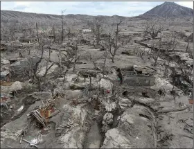  ?? (File Photo/AP/Aaron Favila) ?? Shredded trees and the shells of homes lie half buried in mud Jan. 10 near the Taal volcano almost a year after it erupted in Batangas province, a popular tourist destinatio­n just south of Manila, Philippine­s.