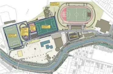  ??  ?? Das ist der Plan für den Sportpark mit der Aßmann-halle (ganz rechts), dem Wartburgst­adion, einem Kunstrasen­platz sowie einem Allwetterp­latz mit dem neuem Vereinshei­m davor. Die Rollschnel­llaufbahn soll in der Mitte eine Multifunkt­ionsfläche kriegen....