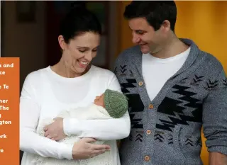  ??  ?? RIGHT: Jacinda and Clarke introduce their newborn daughter, Neve Te Aroha, to New Zealand after her birth. BELOW: The family arriving back in Wellington when Jacinda returned to work after taking maternity leave for six weeks.