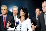  ?? AP/SETH WENIG ?? U.S. Ambassador Nikki Haley speaks to reporters Monday at U.N. headquarte­rs in New York.