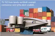  ??  ?? TU 523 kan landa vertikalt ovanpå containrar och lyfta dem snabbt.