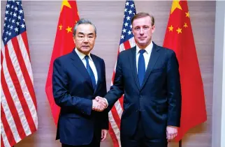  ?? XINHUA PHOTO ?? SIGNIFICAN­T MEETING
Wang Yi, a member of the Political Bureau of the Communist Party of China (CPC) Central Committee and director of the Office of the Foreign Affairs Commission of the CPC Central Committee, holds talks with United States National Security Advisor Jake Sullivan in Bangkok, Thailand, Friday, Jan. 26, 2024.