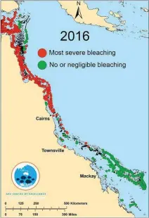  ??  ?? Professor Terry Hughes, director of the ARC Centre of Excellence for Coral Reef Studies, headed up aerial surveys of the GBR during the 2016 and ’17 mass bleaching events to produce these telling maps of the extent of the damage. “The combined impact...