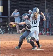  ??  ?? Top: Shana Abram slides into third base and was ruled safe as the throw arrived just too late. Above left: Anna Lewis beats the throw to home, making up for an earlier call where she was thrown out. Middle: Kelsea Elrod scoops up a ball. Above right:...