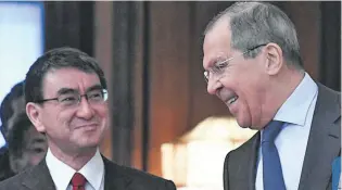  ?? Photo: Xinhua ?? Russian Foreign Minister Sergei Lavrov (right), meets with his Japanese counterpar­t Taro Kono in Moscow on January 14, 2019.