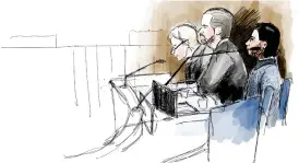  ?? Bild: Ingela Landström/tt ?? den åtalade 23-åringen, längst till höger, på en teckning från rättegånge­n i Uddevalla tingsrätt. Intill mannen ses hans advokater Beatrice rämsell och Peter Olsson.