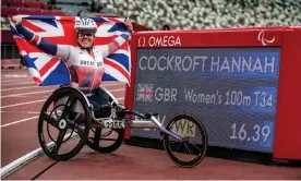  ??  ?? Britain’s Hannah Cockroft celebrates after breaking the world record in the Tokyo Olympic Stadium. Photograph: Philip Fong/AFP/Getty Images