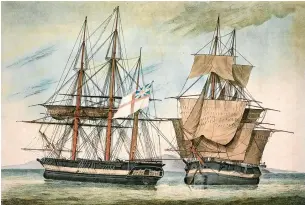  ?? ?? HMS Fury, on the left, with HMS Hecla, from a painting by Arthur Parsey