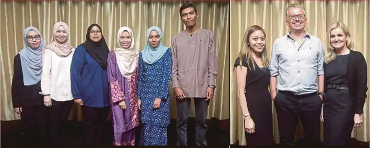  ?? PHOTOS BY NUR ADIBAH AHMAD IZAM ?? (From left) Nur Aimi Abdul Aziz, Nur Amalina Miswan, Khairun Ashikin Ismail, Nur Sabrina Aqilah Abdul Halim, Iielay Nadhira Mohd Zahir and Syed Muhd Shahfiz Syed Ibrahim. (From left) Tara Dunstan, Simon Samuel and Samantha Samuel.