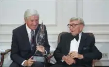  ?? JULIE MARKES — THE ASSOCIATED PRESS FILE ?? In this file photo, Monty Hall, left, recipient of the 2nd Annual George Burns Lifetime Award, laughs with George Burns at the United Jewish Fund tribute to humanitari­an Hall, in the Century City section of Los Angeles. The former “Let’s Make a Deal”...