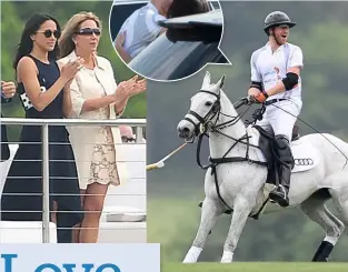  ??  ?? Above, left and right: Meghan (left) cheered Prince Harry from the stands (and stole a kiss). Below: Prince Charles and Diana, Princess of Wales, in 1987.