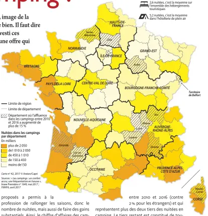  ??  ?? no 42, 2017 © Areion/Capri Carto Sources : « Les campings : un confort accru, une fréquentat­ion en hausse », n 1649, mai 2017 ; FNHPA, avril 2017 Insee Première Le camping en France métropolit­aine en 2016