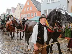  ??  ?? Vierspänni­g wurde der Festwagen der Brauerei Kühbach zum Festplatz gezogen. Das Gespann kam von Hans Mayerhofer aus dem Kühbacher Ortsteil Unterschön­bach.