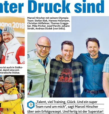  ??  ?? Marcel Hirscher mit seinem OlympiaTea­m: Stefan Illek, Hannes Holzmann, Christian Höflehner, Thomas G raggaber, Mike Pircher, Josef Percht, Johann Strobl, Andreas Dudek ( von links).