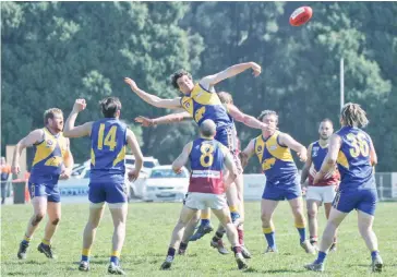  ??  ?? Ellinbank’s Dylan Armour wins the ruck contest; Photograph­s: Michael Robinson.