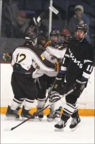  ?? Ryan Lacey / Hearst Connecticu­t Media ?? Sheehan players celebrate a goal during the SCC-SWC Division III final against BBD on Saturday.