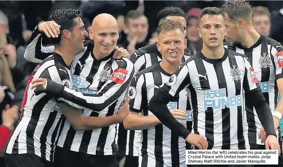  ??  ?? Mikel Merino (far left) celebrates his goal against Crystal Palace with United team-mates Jonjo Shelvey, Matt Ritchie and Javier Manquillo