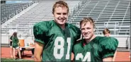  ?? JAMES BEAVER/FOR MEDIA NEWS GROUP ?? Pennridge captains Connor Pleibel (81) and Joe Muntz (24) take a break from practice to pose for a picture Monday morning at Pennridge high school.