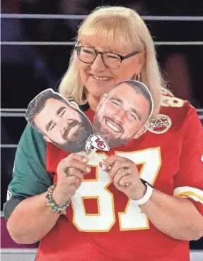  ?? CHERYL EVANS/USA TODAY SPORTS ?? Donna Kelce answered questions about her sons Eagles center Jason Kelce and Chiefs tight end Travis Kelce during Super Bowl Opening Night at Footprint Center.