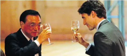  ?? FRED CHARTRAND / THE CANADIAN PRESS FILES ?? Chinese Premier Li Keqiang and Prime Minister Justin Trudeau at a dinner hosted by Trudeau in 2016.