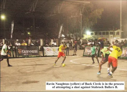  ?? ?? Ravin Naughton (yellow) of Back Circle is in the process of attempting a shot against Stabroek Ballers B.
