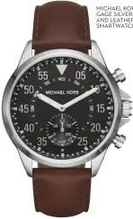  ??  ?? MICHAEL KORS ACCESS GAGE SILVER-TONE AND LEATHER HYBRID SMARTWATCH, $479.