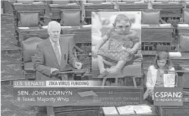  ?? C-SPAN2 ?? Sen. John Cornyn railed against a Democratic filibuster in a June 28 floor speech accompanie­d by a placard of a Zika victim with an underdevel­oped head.