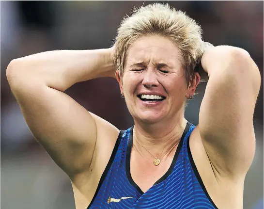  ?? — GETTY IMAGES ?? Olympic women’s hammer throw champion Anita Wlodarczyk of Poland celebrates after breaking her own world record during the Kamila Skolimowsk­a Memorial athletics meet Sunday at the National Stadium in Warsaw, Poland.