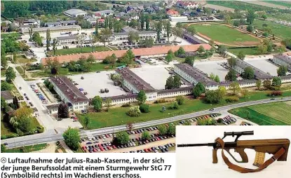  ??  ?? Luftaufnah­me der Julius- Raab- Kaserne, in der sich der junge Berufssold­at mit einem Sturmgeweh­r StG 77 ( Symbolbild rechts) im Wachdienst erschoss.