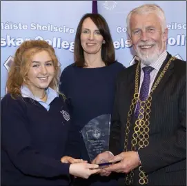  ??  ?? Overall Senior Student of the Year. Ciara Scullion with school principal Eimear Ryan and Mayor of Wexford Jim Moore.