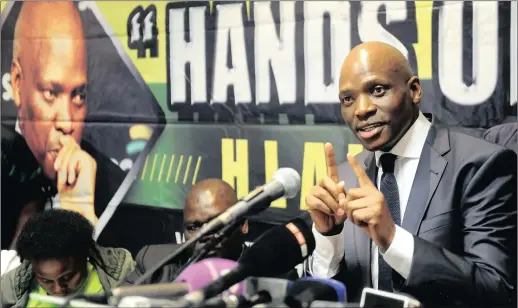  ?? PICTURE: MATTHEWS BALOYI ?? BULLISH: Fomer SABC chief operating officer Hlaudi Motsoeneng addressing the media yesterday about a range of issues, including the 90% local music content rule that he implemente­d last year.