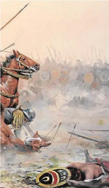  ?? ABC ?? A la izquierda, pintura de FerrerDalm­au dedicada a la batalla de Otumba, con los españoles lanzando una carga de caballería.