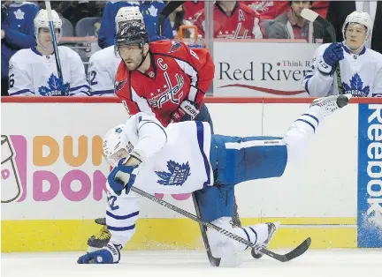  ?? NICK WASS/THE ASSOCIATED PRESS/FILES ?? Toronto Maple Leafs defenceman Nikita Zaitsev won’t be there to get in the way of Washington Capitals winger Alex Ovechkin in Game 1 on Thursday. Zaitsev was injured in Sunday’s regular-season finale against the Columbus Blue Jackets.