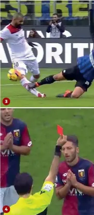  ??  ?? 1 Il fallo dello juventino Pjanic, già ammonito, sul nerazzurro Rafinha.
Per l’inter l’intervento era da cartellino giallo che avrebbe fatto scattare l’espulsione per Pjanic
2 Il fallo del giocatore Baselli del Torino su Pjanic nel derby, simile...