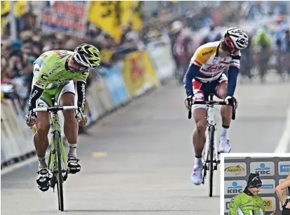 ??  ?? Right: Pinching a podium girl’s bum a year ago proved a step too far for Sagan’s laddish humour
