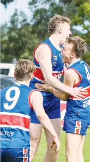  ??  ?? Lachie Ridgway and Joshua Murphy celebrate another Bunyip goal in the final term of their match against Cora Lynn.