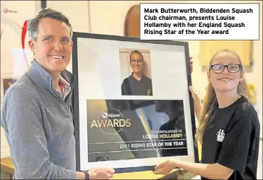  ?? ?? Mark Butterwort­h, Biddenden Squash Club chairman, presents Louise Hollamby with her England Squash Rising Star of the Year award