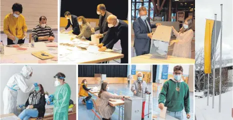  ?? FOTOS: STEIDLE ?? Impression­en von der Landtagswa­hl am Sonntag in der Westerheim­er Albhalle mit einem Corona-Test für die Wahlhelfer im Vorfeld im Haus für Kinder.