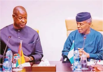  ?? PHOTO: PHILIP OJISUA ?? Vice President Yemi Osinbajo ( right) receiving the Prime Minister of Guinea Bissau, Nuno Nabiam, at the State House, Abuja… yesterday.