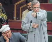  ?? NITIN KANOTRA / HT ?? Former CM Omar Abdullah speaking during the J&K legislativ­e assembly budget session on Tuesday.