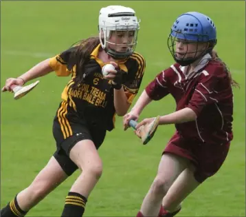  ??  ?? Emma Tomkins (Kilrush) tries to negotiate a route past Jacqui Kehoe (Bunclody).