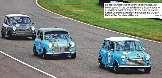 ?? VG PICS ?? Llanelli’s Endaf Owens’s Mini Cooper S (No. 20) held second in the John Whitmore Trophy race for a long time against former F1 men Jochen Mass, Karun Chandhok and Martin Brundle in a 30-car field at the Goodwood Revival.